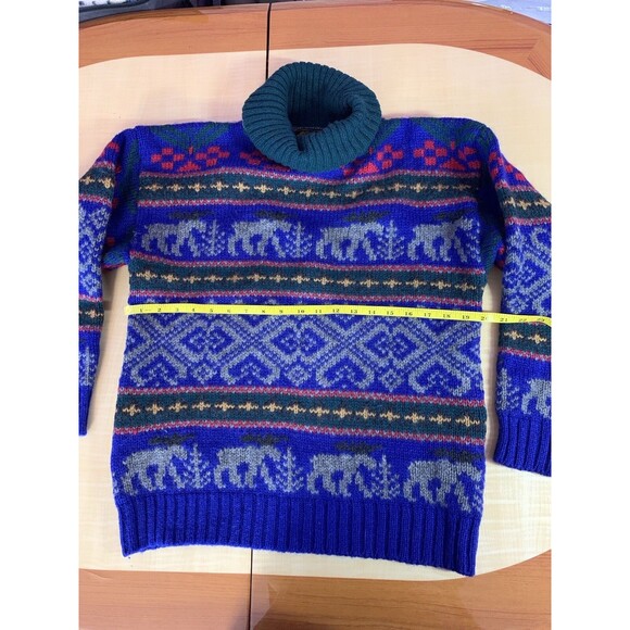 Eddie Bauer Sweater Pullover Vintage Wool turtleneck Deer Animals Geometric Aran - Picture 12 of 16